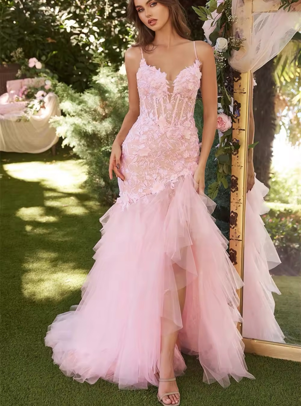 Pink Lace Layered Sleeveless Floor Length Prom Dress
