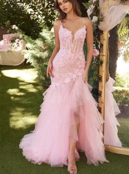 Pink Lace Layered Sleeveless Floor Length Prom Dress
