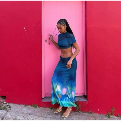 Short Sleeve Top & Long Maxi Skirt Two Piece Summer Set