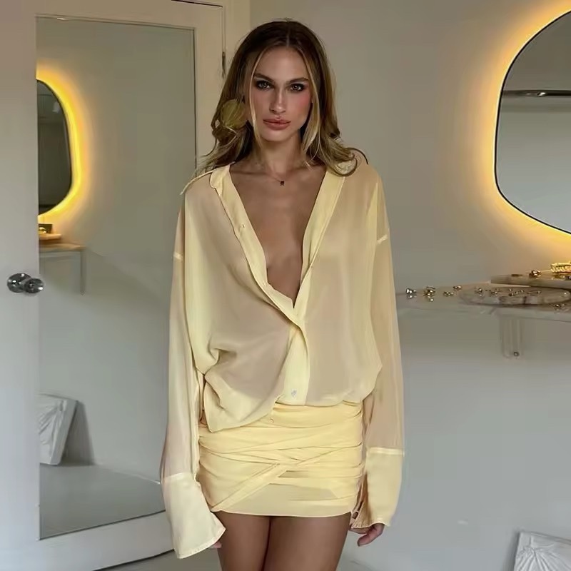 Yellow Long Sleeve Blouse Skirt Two Piece Mini Set