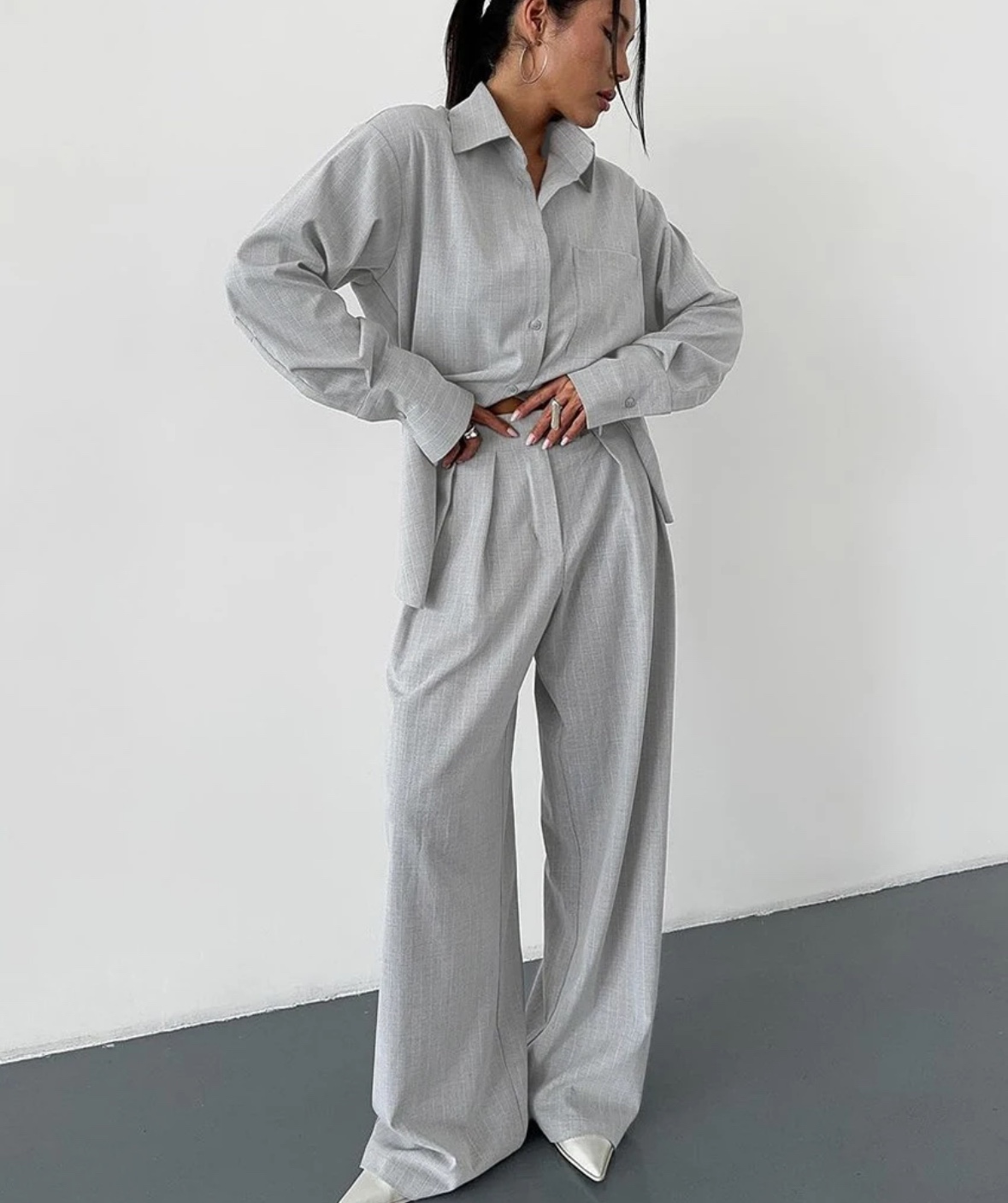 Long Sleeve Blouse With High Waist Wide Pants Set