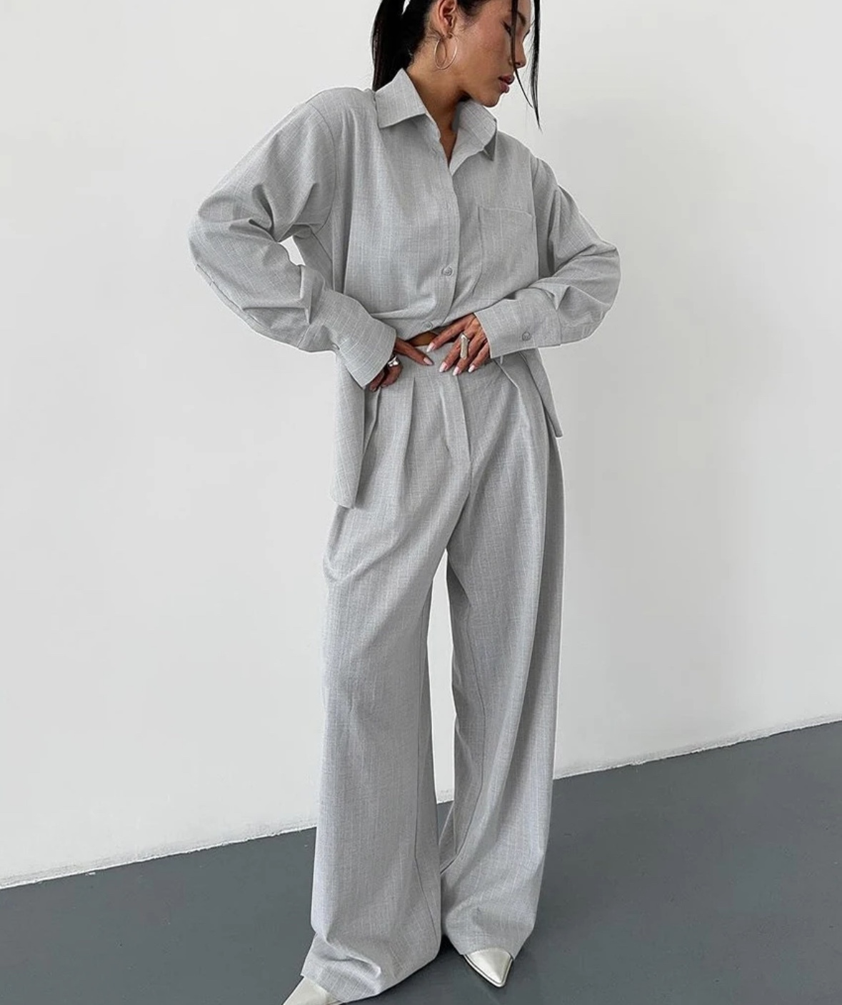 Long Sleeve Blouse With High Waist Wide Pants Set