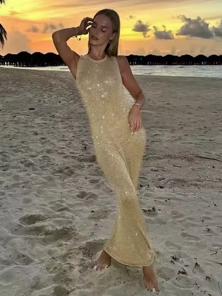 Glitter Sleeveless Holiday Summer Bodycon Maxi Dress