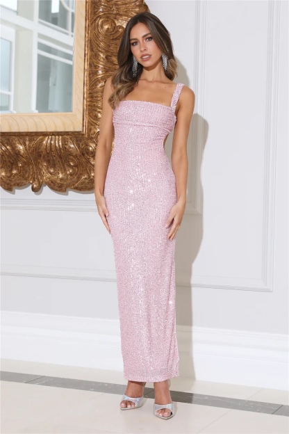 Pink Glitter Sequin Sleeveless Party Maxi Dress