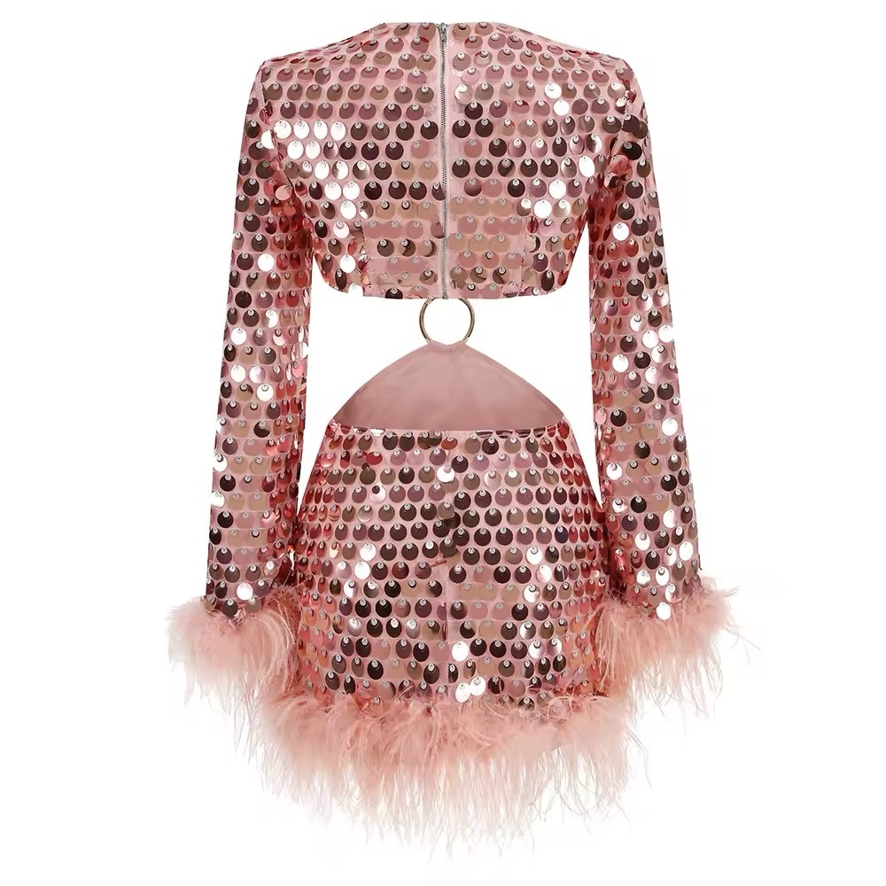 Pink Feathered Hem Sequin Long Sleeve Party Mini Dress
