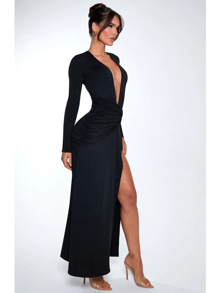 Long SLeeve V Neck Bodycon High Slit Maxi Dress