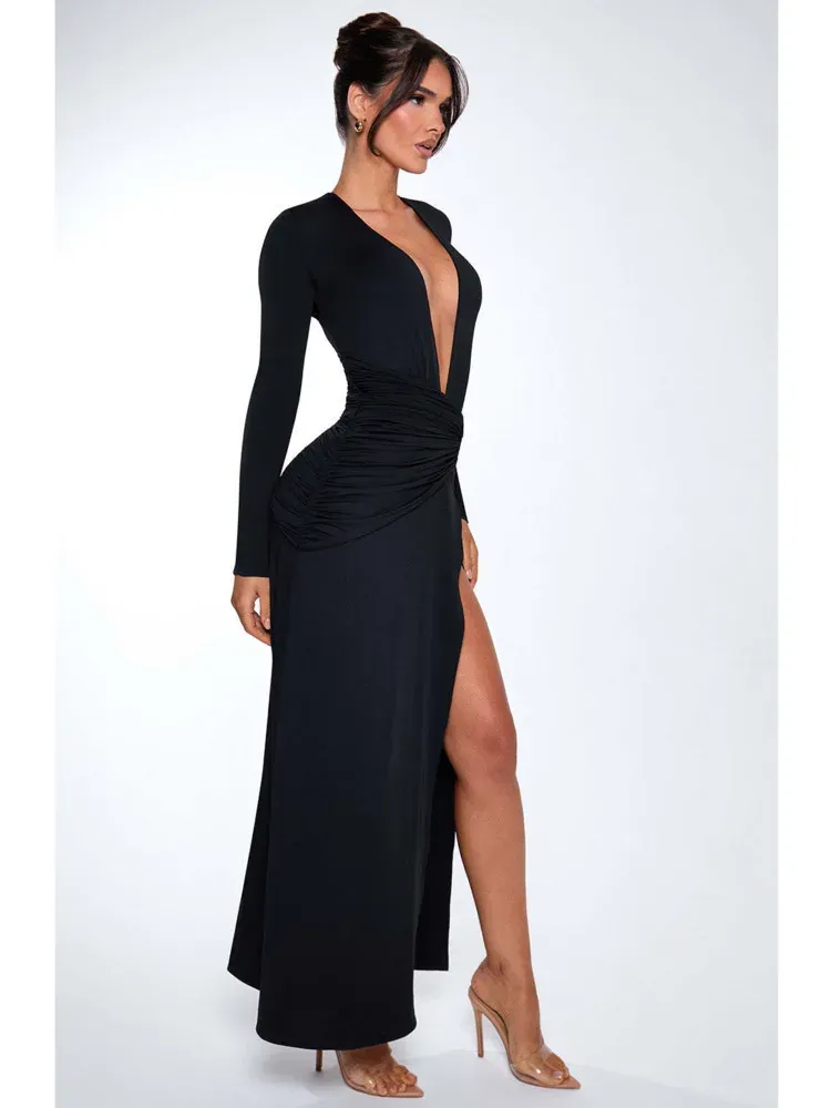 Long SLeeve V Neck Bodycon High Slit Maxi Dress