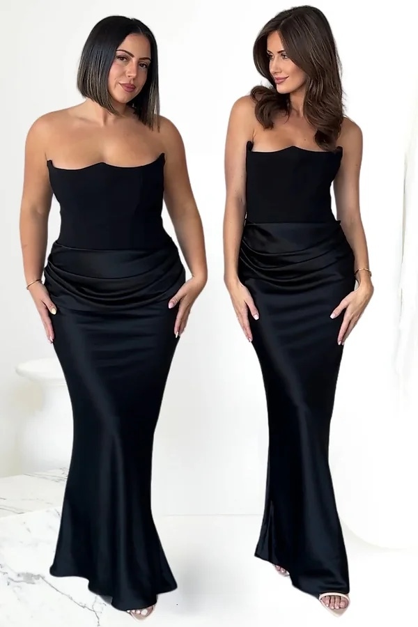 Black Elegant Ruched Satin Silk Maxi Dress