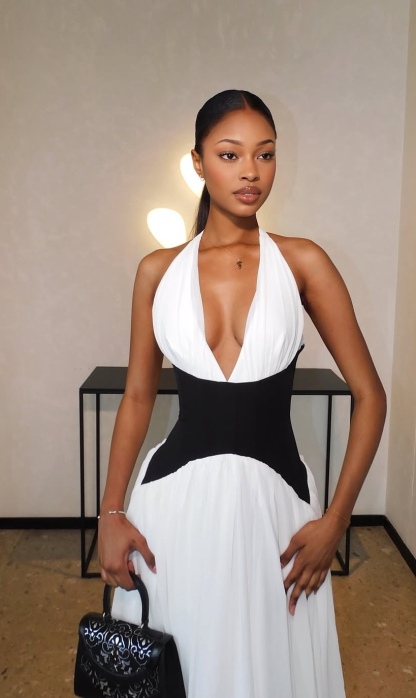 Two Tone Contrast V Neck Halter A Line Maxi Dress