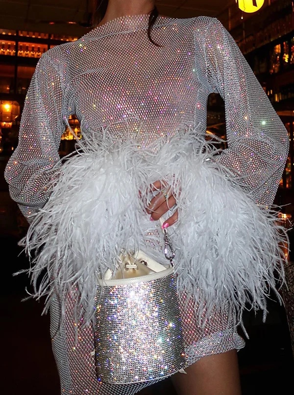Glitter Sequin Feather Hem Sleeve Mini Dress