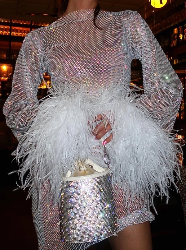 Glitter Sequin Feather Hem Sleeve Mini Dress