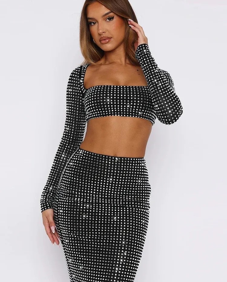 Sequin Glitter Crop Top & Maxi Skirt Set