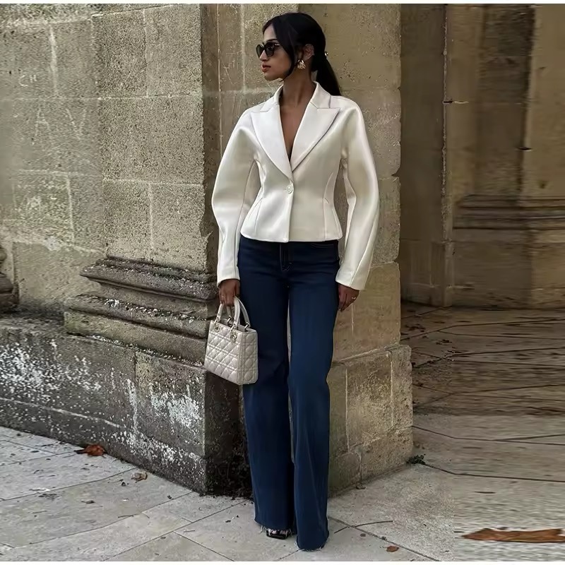 Long Sleeve One Button Turn Collar Blazer