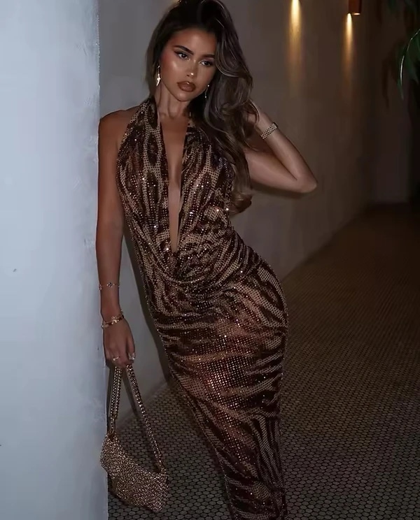 Brown Zebra Print Sequin Glitter Maxi Dress