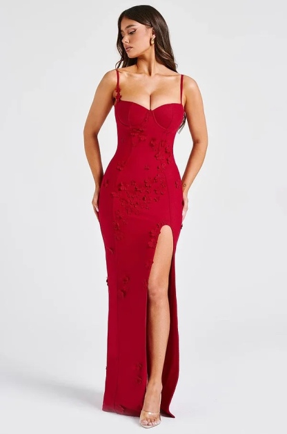 Floral Detail Thigh Spilt Bodycon Maxi Dress