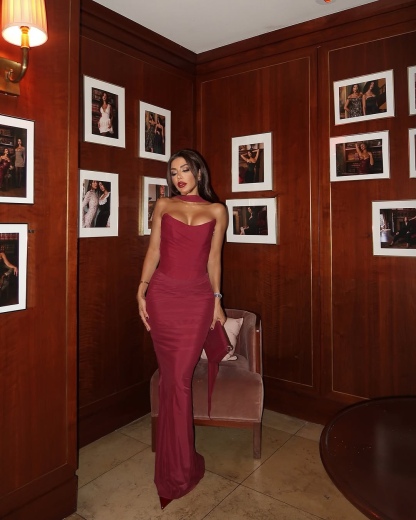 Burgundy Strapless Bodycon Long Elegant Maxi Dress