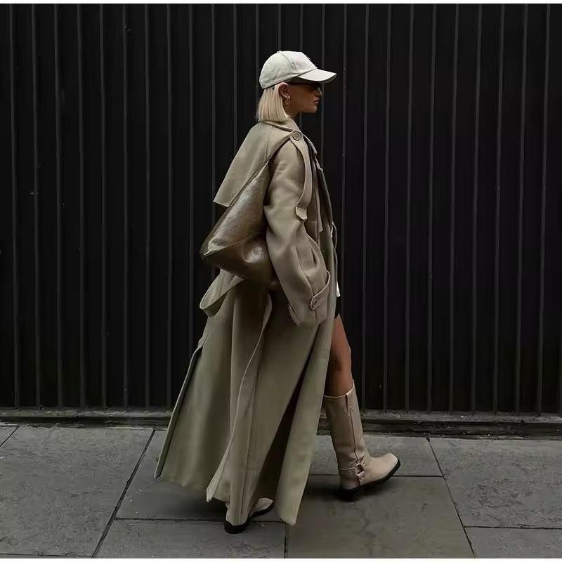 Khaki Long Sleeve Turn Collar Belted Coat