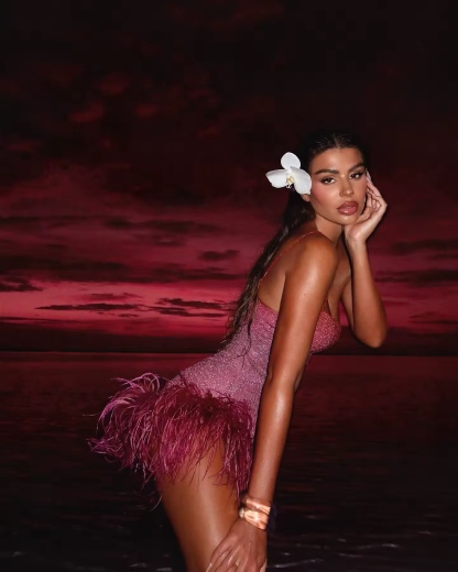 Pink Glitter Feather Bodycon Party Mini Dress