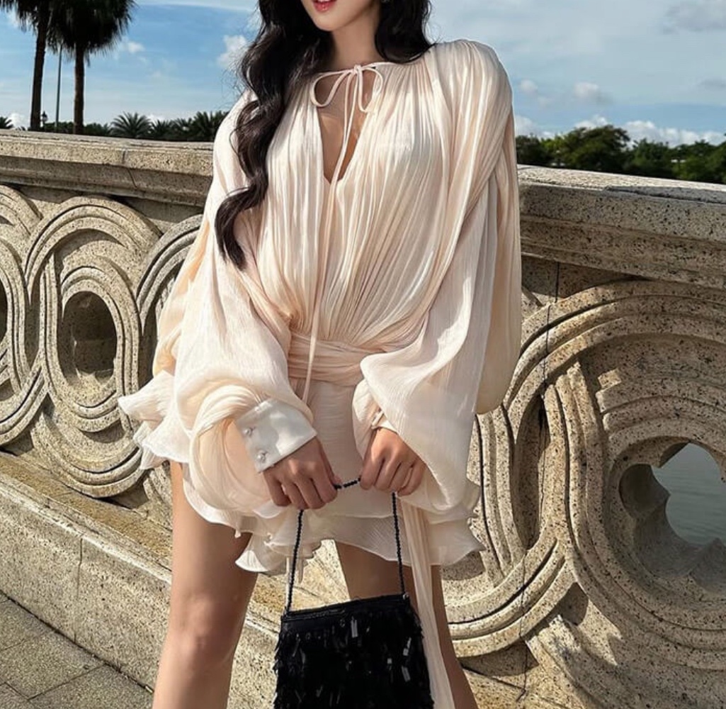 Long Sleeve Lace Tie Up Satin Silk Elegant Mini Dress