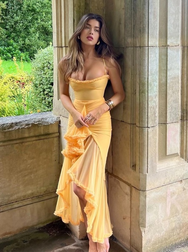 Yellow Ruffle Hem Bodycon Maxi Dress