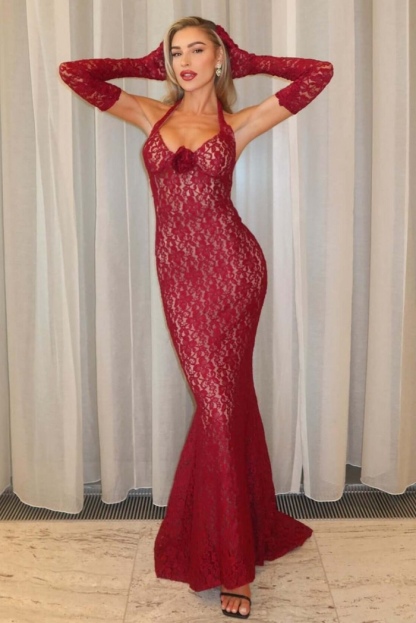Lace Bodycon Halter V Neck Maxi Dress