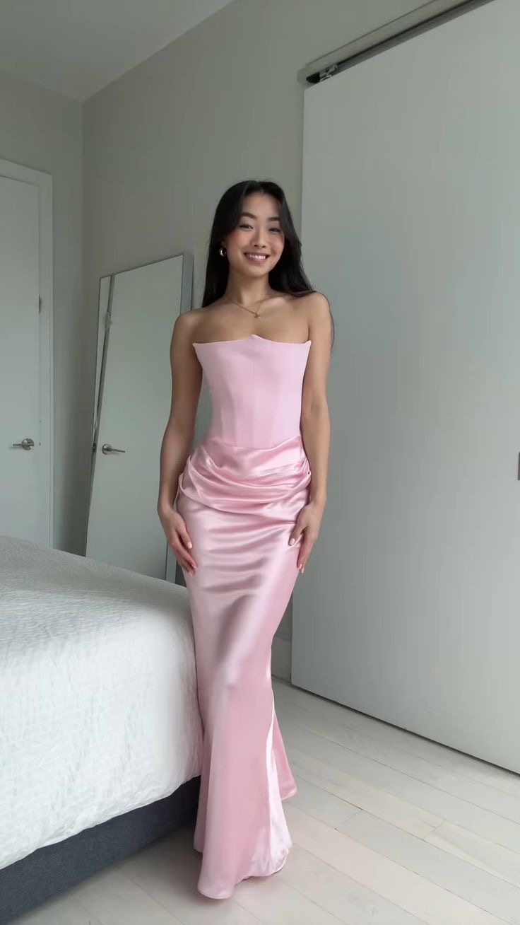 Pink Strapless Ruched Silk Bodycon Elegant Maxi Dress