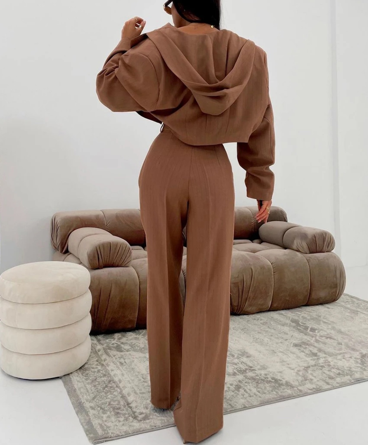 Elegant Lapel Long Sleeve Crop Top With High Waist Wide Pants Set