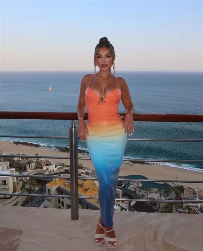 Gradient Color Holiday Vacation Bodycon Summer Maxi Dress