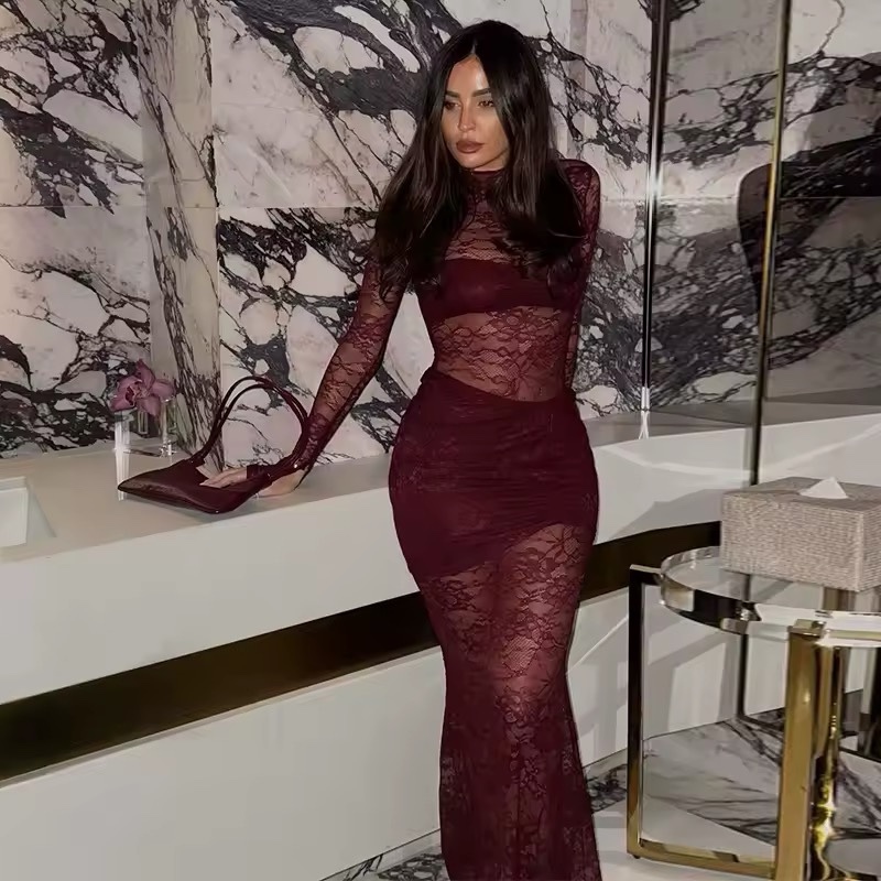Lace Mesh Bodycon Maxi Dress Long Sleeve
