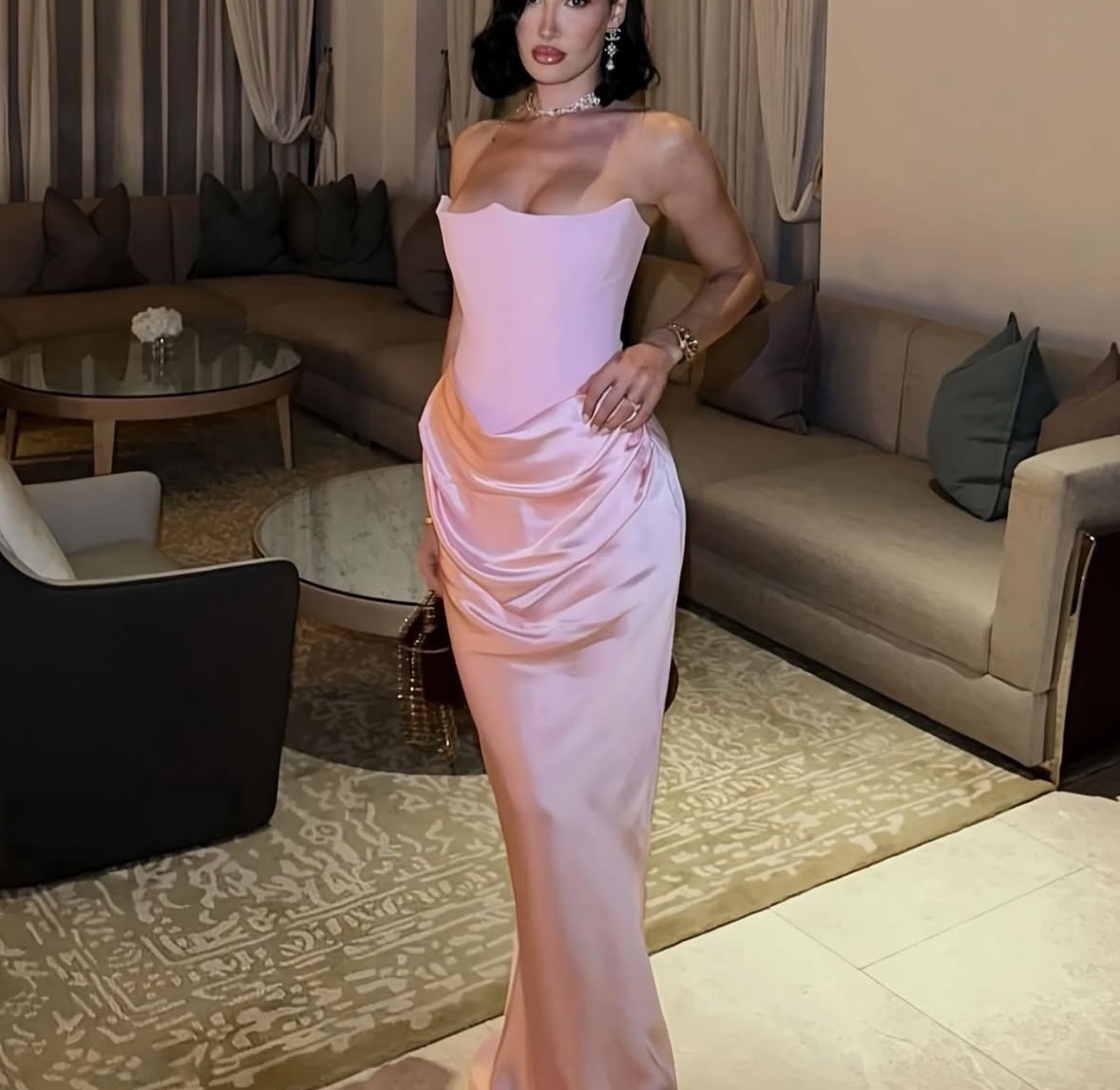 Pink Strapless Ruched Silk Bodycon Elegant Maxi Dress