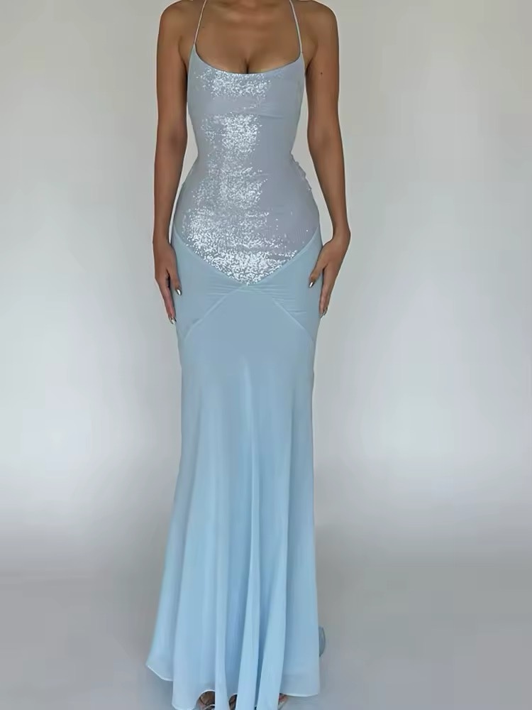 Spaghetti Strap Bodycon Sequin Mesh Maxi Dress