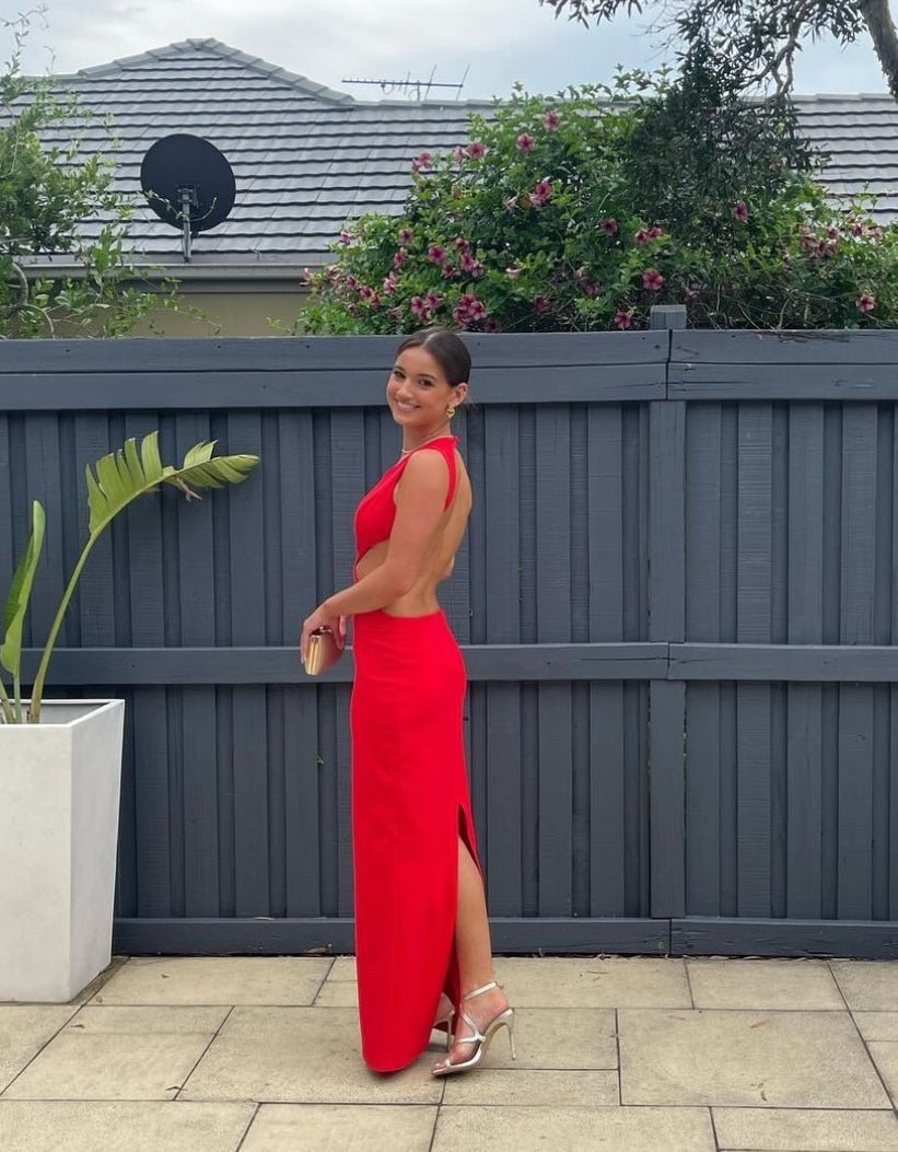 Red Sleeveless V Neck Bodycon Occasion Maxi Dress