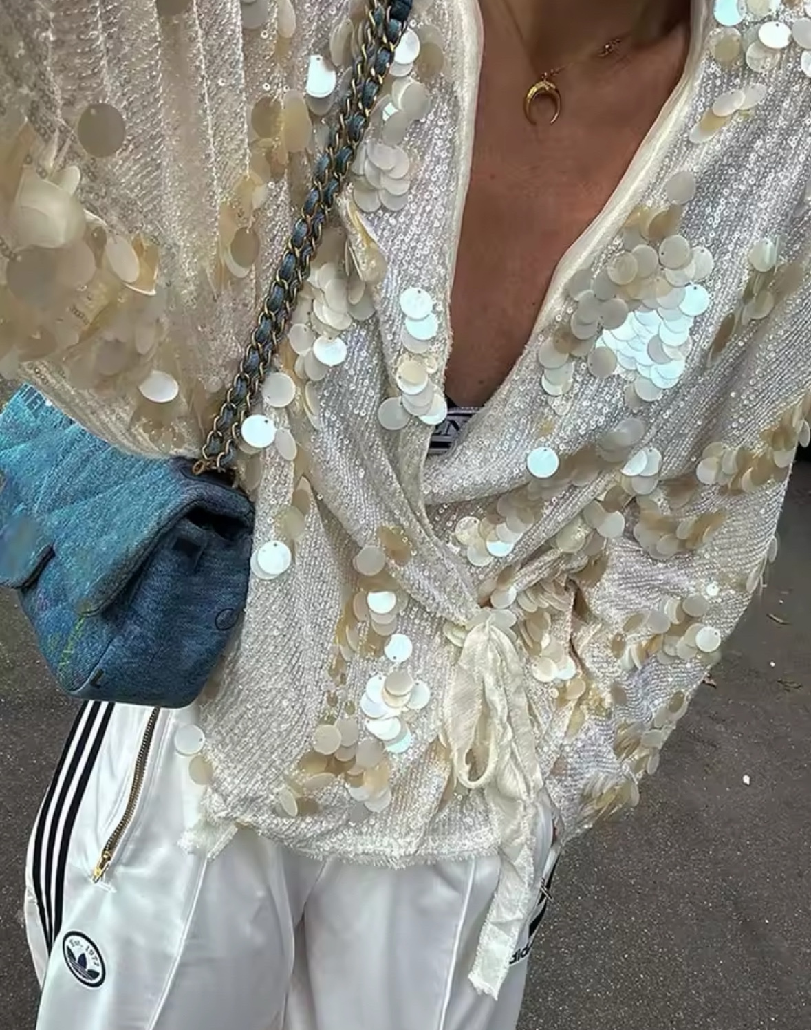 Sequin Tie Up Long Sleeve V Neck Top Jacket