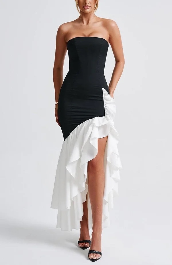 Black & White Strapless Bodycon Flare Hem Maxi Dress