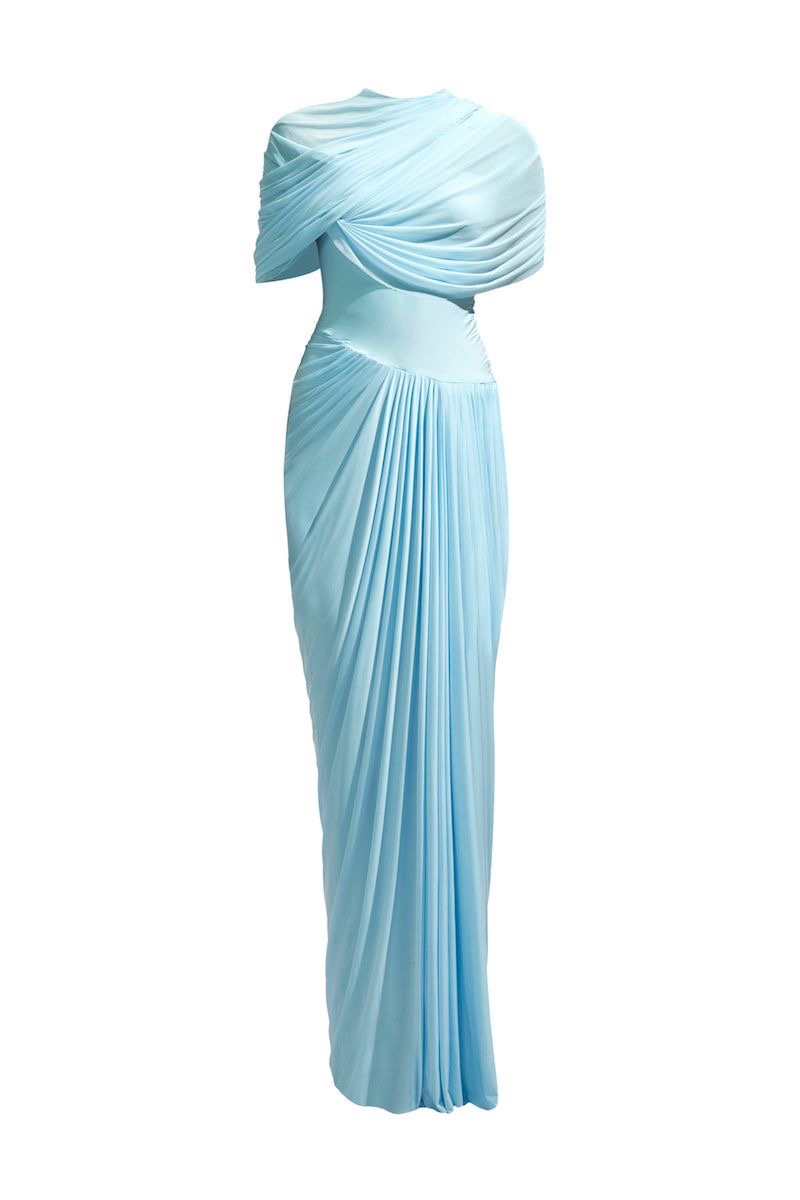 Elegant Blue Ruched Bodycon Maxi Dress