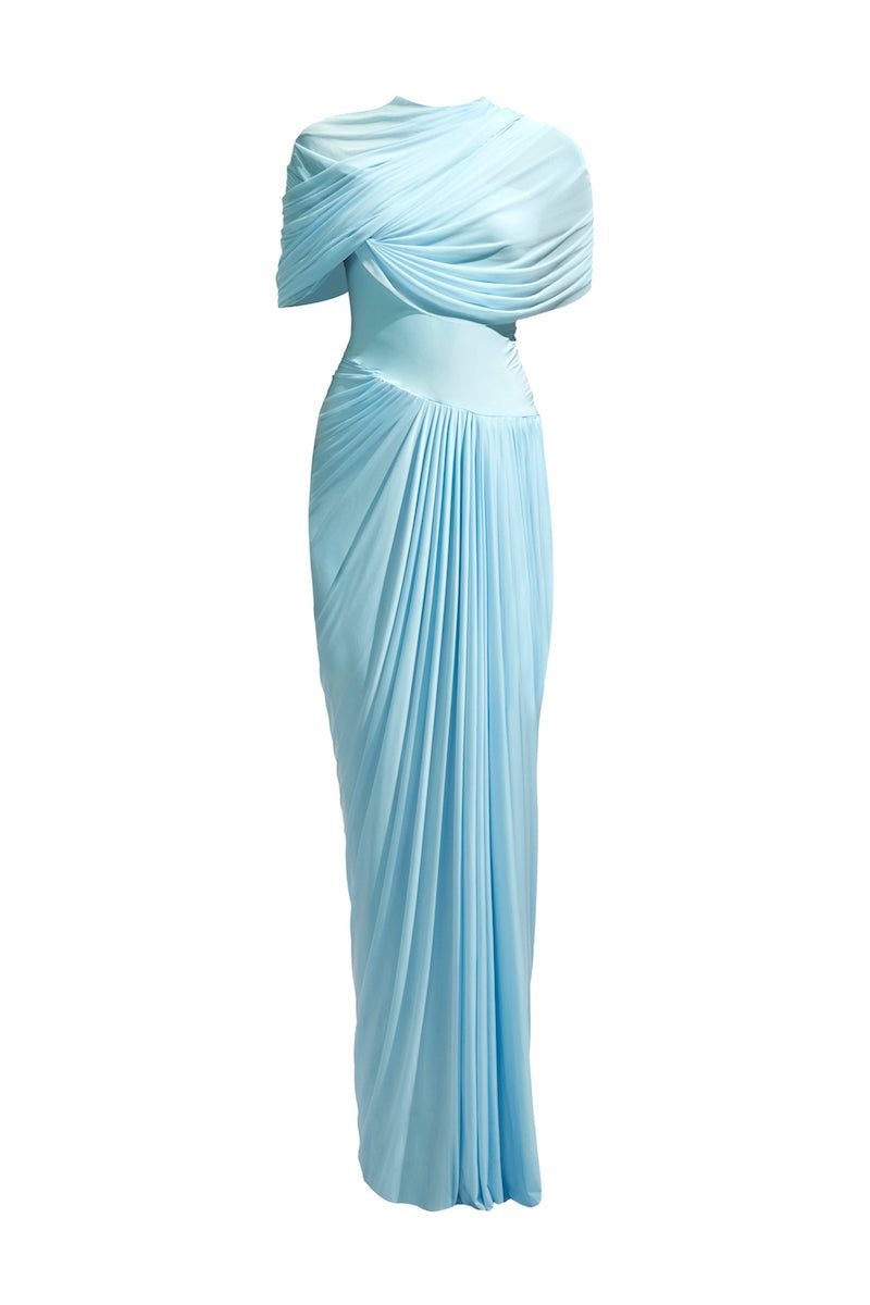 Elegant Blue Ruched Bodycon Maxi Dress