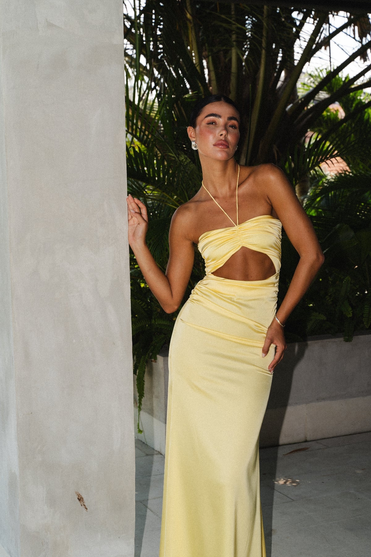 Yellow Silk Halter Cut Out Occasion Formal Maxi Dress