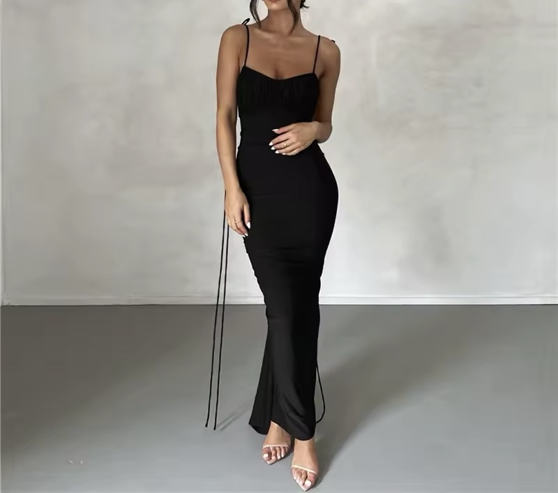 Backless Ruched V Bodycon Spaghetti Strap Maxi Dress