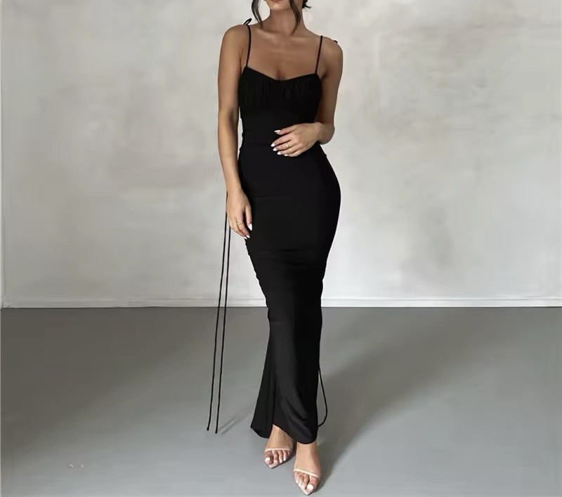 Backless Ruched V Bodycon Spaghetti Strap Maxi Dress