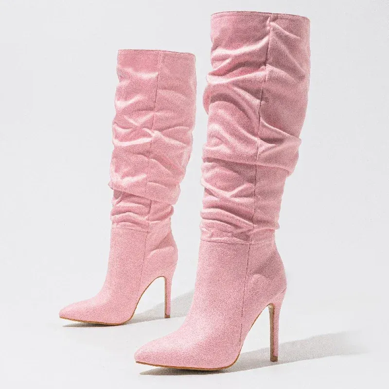 Pleated Pointed Toe Knee-High Boots