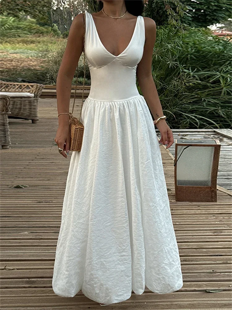 V-Neck Long Pleated Patchwork Elegant Long Summer Holiday Maxi Dress