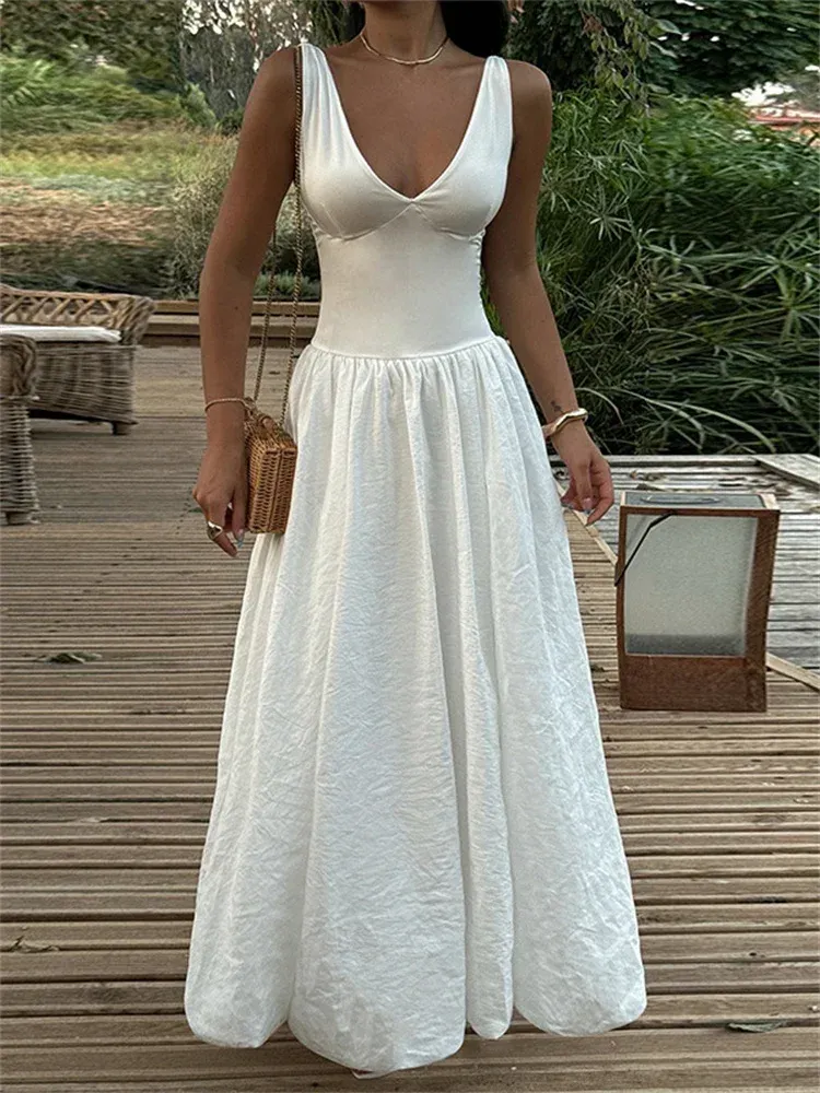 V-Neck Long Pleated Patchwork Elegant Long Summer Holiday Maxi Dress