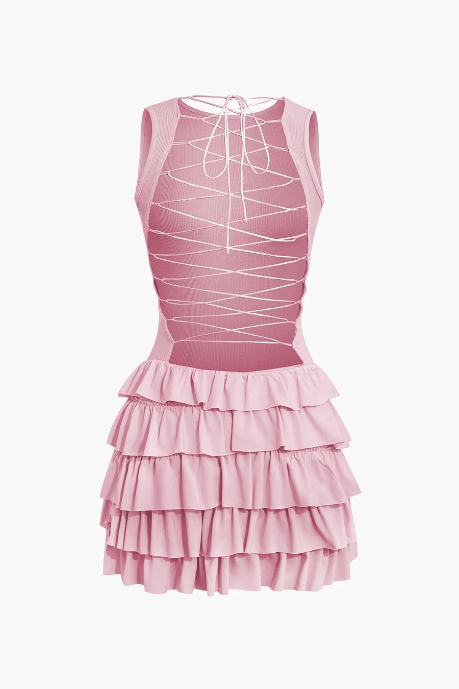 Criss Cross Backless Ruffle Sleeveless Mini Dress