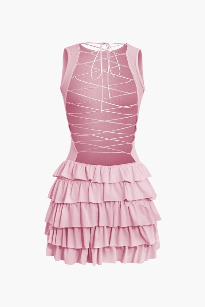 Criss Cross Backless Ruffle Sleeveless Mini Dress