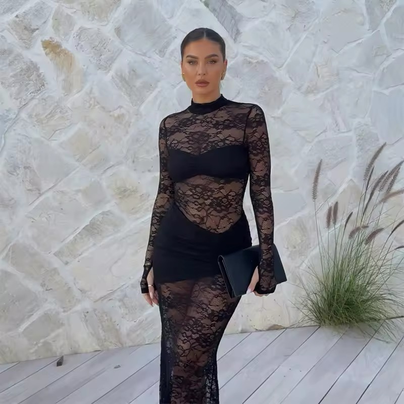 Lace Mesh Bodycon Maxi Dress Long Sleeve