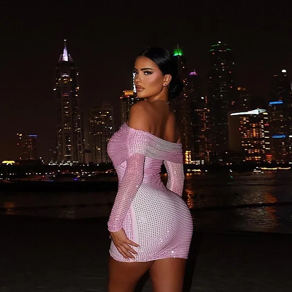 Off Shouder Pink Sequin Glitter Party Mini Dress
