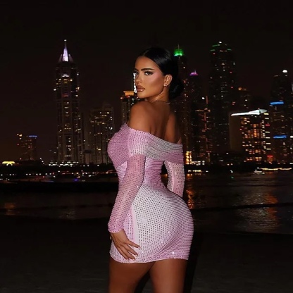 Off Shouder Pink Sequin Glitter Party Mini Dress