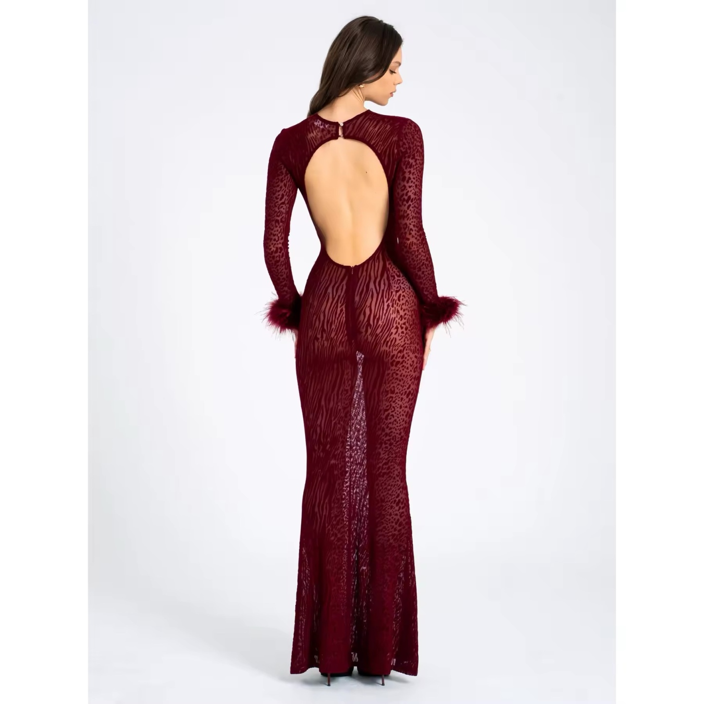 Feathered Long Sleeve Backless Bodycon Maxi Dress