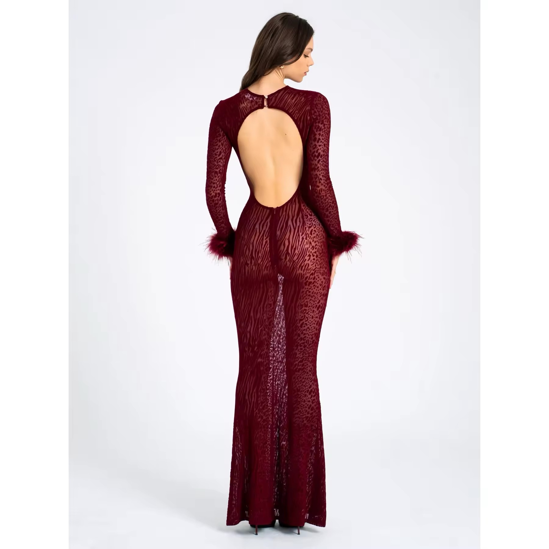 Feathered Long Sleeve Backless Bodycon Maxi Dress