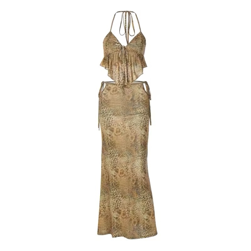 Leopard Print Summer Vacation Crop Top & Maxi Skirt Set